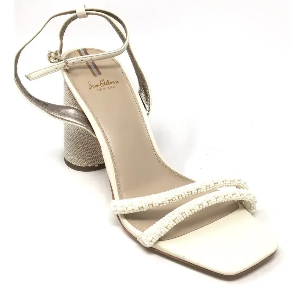 Sam Edelman Kia Beads Women's Size 9.5 Modern Ivory Ankle Strap Block Heels - Picture 1 of 7